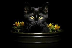 Portrait of a cute cat in a pot on a black background. ai generated pro photo