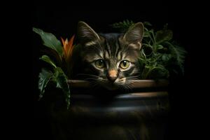 Portrait of a cute cat in a pot on a black background. ai generated pro photo