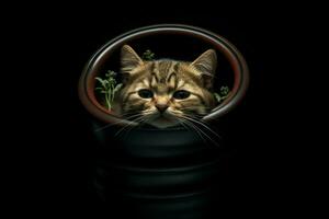 Portrait of a cute cat in a pot on a black background. ai generated pro photo