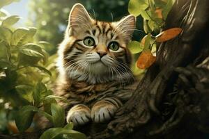 Cute cat sitting on a tree branch in the autumn forest. ai generated pro photo