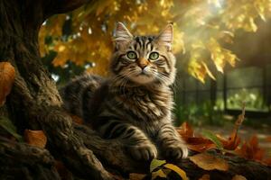 Cute cat sitting on a tree branch in the autumn forest. ai generated pro photo