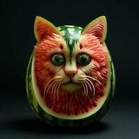 Funny face of watermelon with green eyes on black background. ai generated pro photo