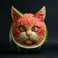 Funny face of watermelon with green eyes on black background. ai generated pro photo