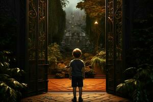 Back view of a boy standing in front of a gate. ai generated pro photo