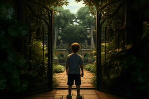 Back view of a boy standing in front of a gate. ai generated pro photo