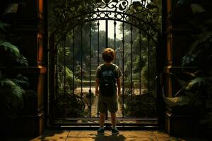 Back view of a boy standing in front of a gate. ai generated pro photo