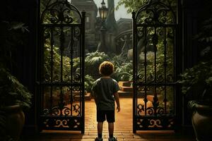 Back view of a boy standing in front of a gate. ai generated pro photo