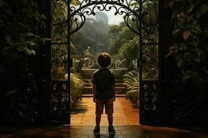 Back view of a boy standing in front of a gate. ai generated pro photo