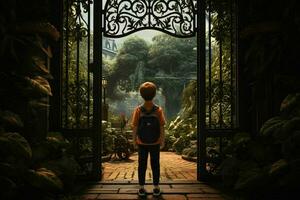 Back view of a boy standing in front of a gate. ai generated pro photo