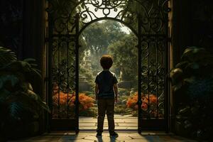 Back view of a boy standing in front of a gate. ai generated pro photo