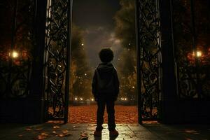 Back view of a boy standing in front of a gate. ai generated pro photo