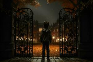 Back view of a boy standing in front of a gate. ai generated pro photo