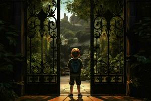 Back view of a boy standing in front of a gate. ai generated pro photo