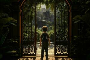 Back view of a boy standing in front of a gate. ai generated pro photo