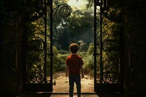 Back view of a boy standing in front of a gate. ai generated pro photo