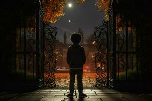Back view of a boy standing in front of a gate. ai generated pro photo