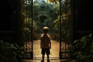 Back view of a boy standing in front of a gate. ai generated pro photo