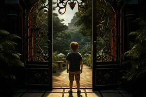 Back view of a boy standing in front of a gate. ai generated pro photo