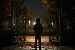 Back view of a boy standing in front of a gate. ai generated pro photo