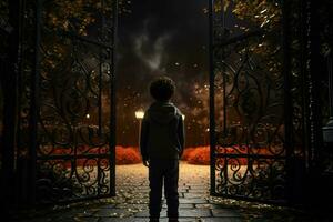 Back view of a boy standing in front of a gate. AI generated pro photo