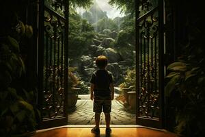 Back view of a boy standing in front of a gate. AI generated pro photo