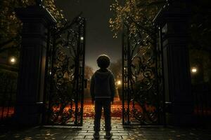 Back view of a boy standing in front of a gate. ai generated pro photo