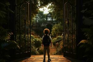 Back view of a boy standing in front of a gate. ai generated pro photo