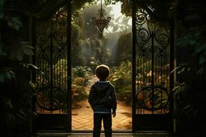 Back view of a boy standing in front of a gate. AI generated pro photo