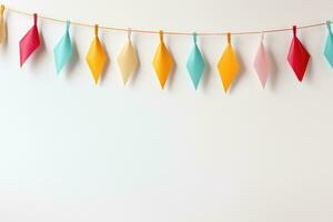 Bright garland of paper ties on a white wall. Festive decoration, father's day. Place for text. Holiday concept photo