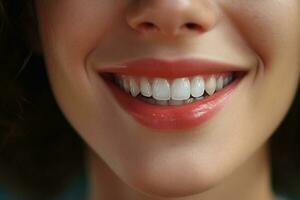 joven mujer con hermosa sano sonrisa, de cerca. dental cuidado. ai generado Pro foto