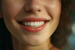 joven mujer con hermosa sano sonrisa, de cerca. dental cuidado. ai generado Pro foto