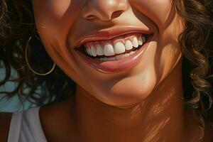 Young woman with beautiful healthy smile, closeup. Dental care. ai generated pro photo