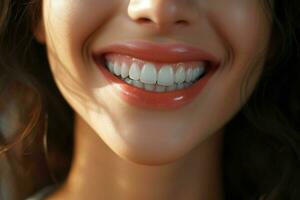 joven mujer con hermosa sano sonrisa, de cerca. dental cuidado. ai generado Pro foto