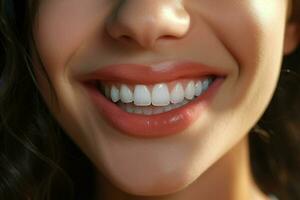 Young woman with beautiful healthy smile, closeup. Dental care. ai generated pro photo