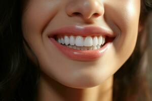 joven mujer con hermosa sano sonrisa, de cerca. dental cuidado. ai generado Pro foto