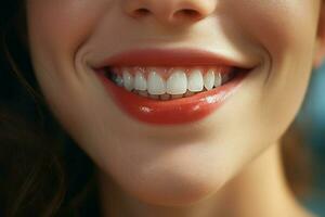 Young woman with beautiful healthy smile, closeup. Dental care. ai generated pro photo