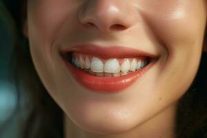 Young woman with beautiful healthy smile, closeup. Dental care. ai generated pro photo