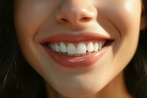 joven mujer con hermosa sano sonrisa, de cerca. dental cuidado. ai generado Pro foto