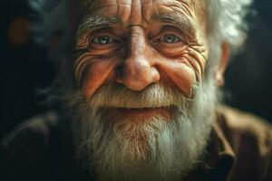 Close-up portrait of a happy senior man with white beard. ai generated pro photo