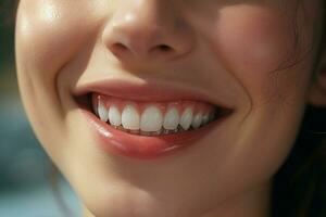 joven mujer con hermosa sano sonrisa, de cerca. dental cuidado. ai generado Pro foto