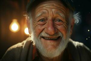 Close-up portrait of a happy senior man with white beard. ai generated pro photo