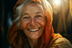retrato de un sonriente mayor mujer. atención en el ojos. ai generado Pro foto