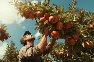 Farmer harvesting apples in orchard on sunny day. Male gardener picking apples in orchard. ai generated pro photo