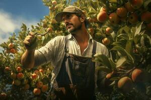 Farmer harvesting apples in orchard on sunny day. Male gardener picking apples in orchard. ai generated pro photo