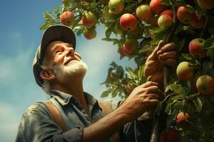 Farmer harvesting apples in orchard on sunny day. Male gardener picking apples in orchard. ai generated pro photo