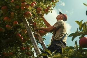 Farmer harvesting apples in orchard on sunny day. Male gardener picking apples in orchard. ai generated pro photo