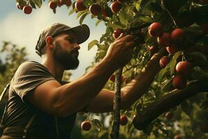 Farmer harvesting apples in orchard on sunny day. Male gardener picking apples in orchard. ai generated pro photo