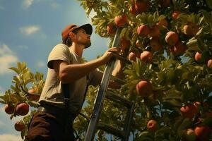 granjero cosecha manzanas en huerta en soleado día. masculino jardinero cosecha manzanas en huerta. ai generado Pro foto