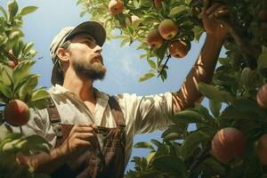 Farmer harvesting apples in orchard on sunny day. Male gardener picking apples in orchard. ai generated pro photo