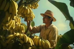 Farmer working in a banana plantation, Harvesting of ripe bananas. ai generated pro photo